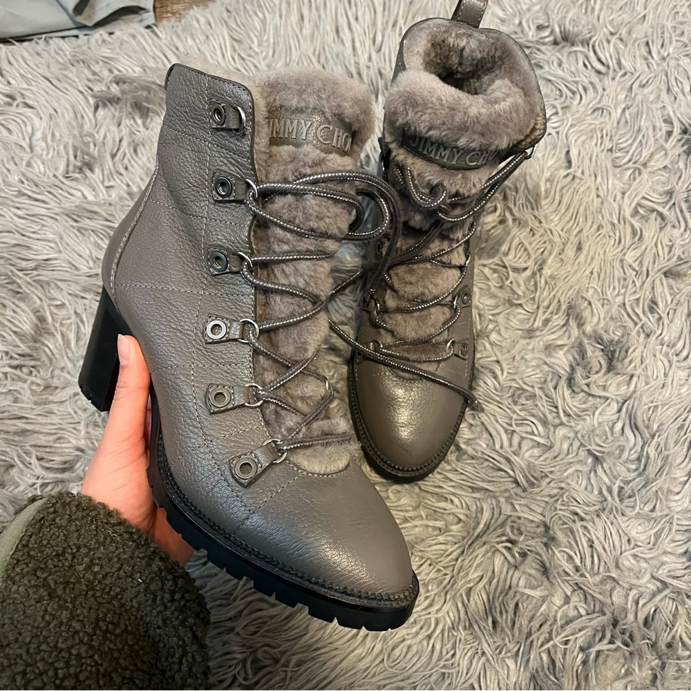 NWOB Jimmy Choo Fur Laced Up Boots in Gray 39.5